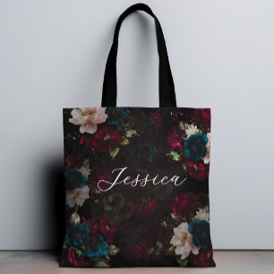 Tote Bag Turquoise foncé luxueux floraison rouge