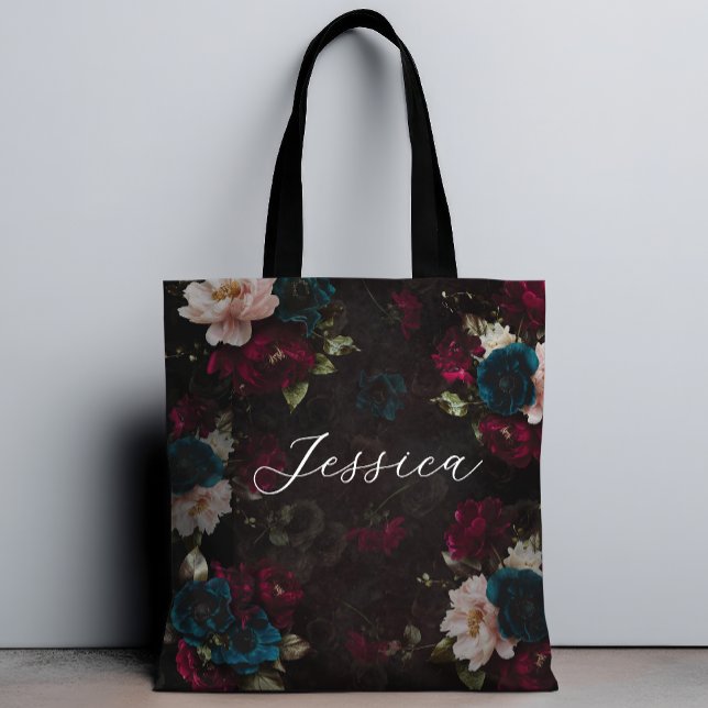 Tote Bag Turquoise foncé luxueux floraison rouge (Créateur téléchargé)