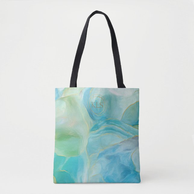 Tote Bag Turquoise Géométrique Gemstone Watercolor Monogram (Devant)