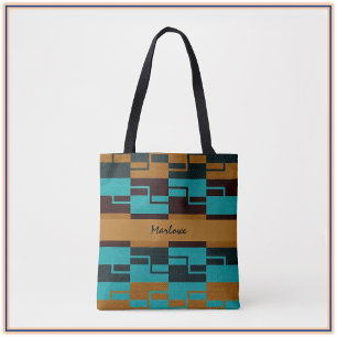 Tote Bag Turquoise géométrique Noir et Brown
