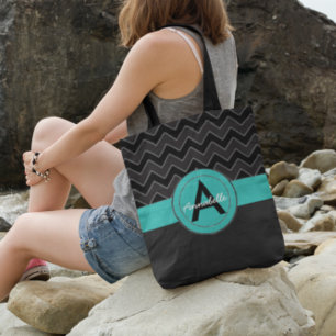 Tote Bag Turquoise noir Chevron