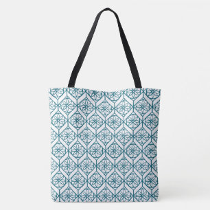 Tote Bag Turquoise sur Motif ethnique blanc, Fleurs, Chevro