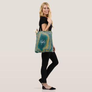 Tote Bag Turquoise vert Agate marbre Nom Abstrait Monogramm