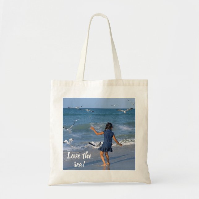 Tote Bag Typographie blanche Aimer la mer Bleue Photo (Devant)