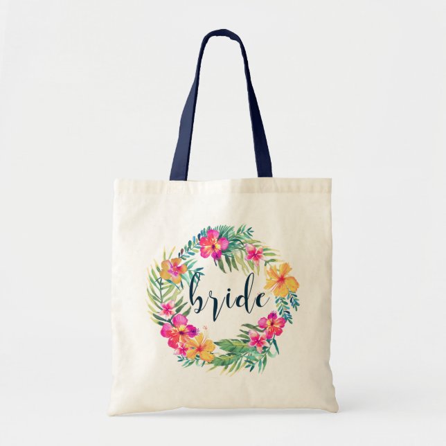 Tote Bag Typographie Bleue Mariée & Fleurs Tropicales Wreat (Devant)