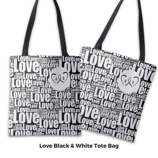 Tote Bag Typographie d'amour blanc tendance et Coeurs enmêl (Trendy White Love Typography & Entwined Hearts Tote Bag)