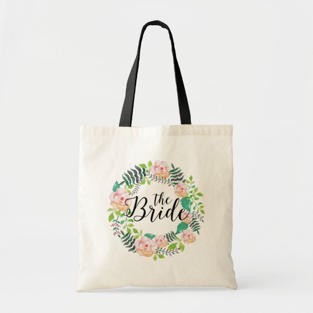 Tote Bag Typographie de la mariée-Aquarelle Fleurs Wreath (Devant)