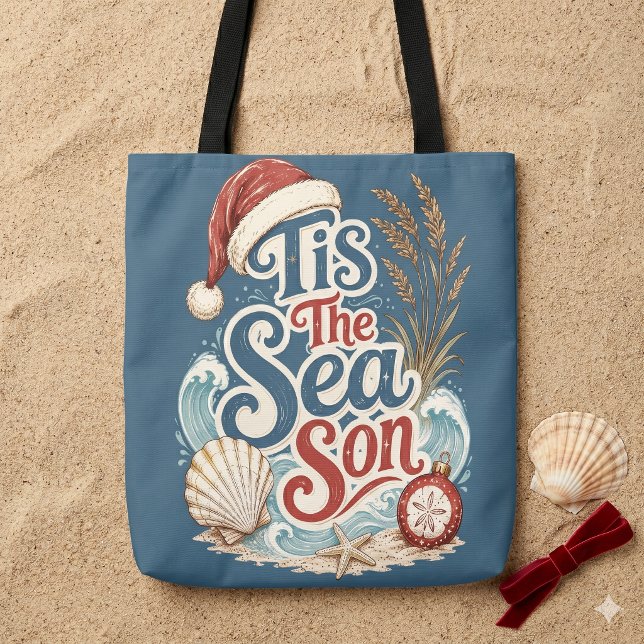 Tote Bag Typographie de Noël Côtière C'est la Saison de la  (Coastal Christmas Tis Sea Son Typography Tote Bag)