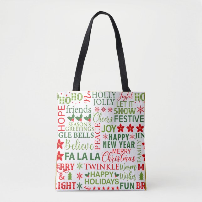 Tote Bag Typographie de Noël Rouge & Vert Motif sans coutur (Devant)
