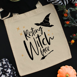 Tote Bag Typographie drôle d'Halloween Sorcière, Balai & Ch