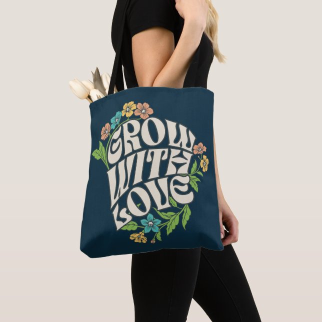 Tote Bag Typographie florale Croître avec amour (De près)