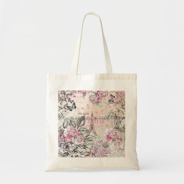 Tote Bag Typographie florale rose chic de Tour Eiffel de (Devant)