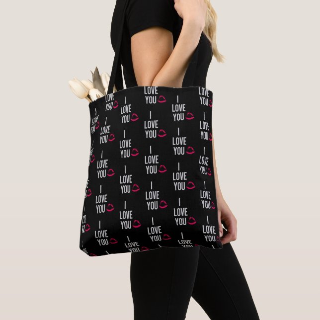 Tote Bag Typographie Moderne Amour Lèvres Roses Noir (De près)