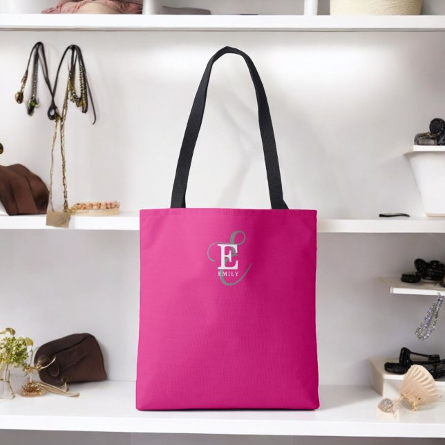 Tote Bag Typographie Monogramme Élégante Personnalisée Rose (Personalize with your name and monogram initial.)