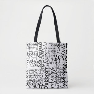 Tote Bag typographie motif de noms noirs sur blanc