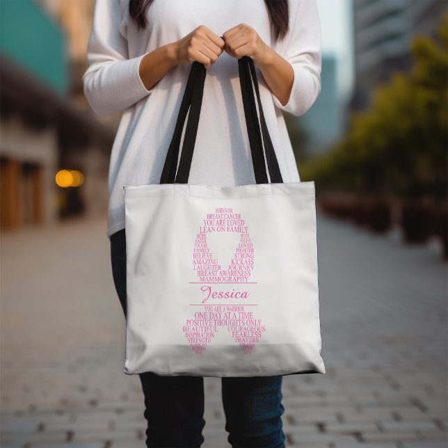 Tote Bag Typographie personnalisée du cancer du sein rose (Créateur téléchargé)