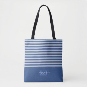 Tote Bag Typographie rétro minimale   Monogramme bleu