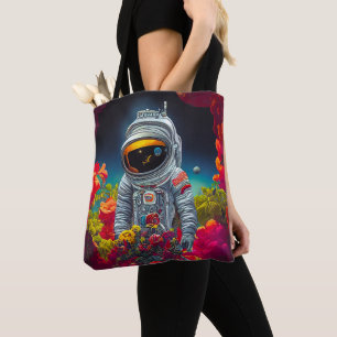 Tote Bag Un astronaute coloré dans l'espace avec des fleurs