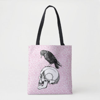 Tote Bag Un corbeau ou corbeau et crâne Halloween rose et n