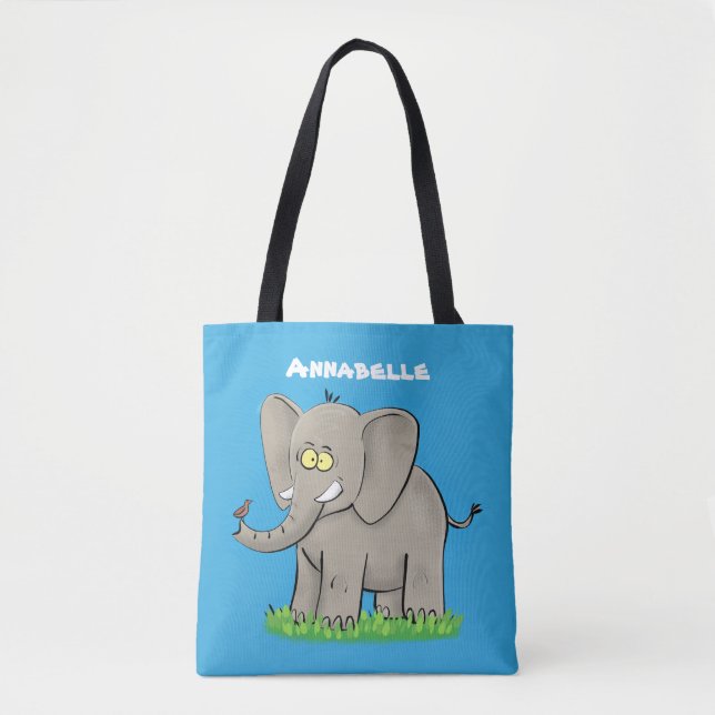 Tote Bag Un joli éléphant drôle avec un oiseau sur le tronc (Devant)