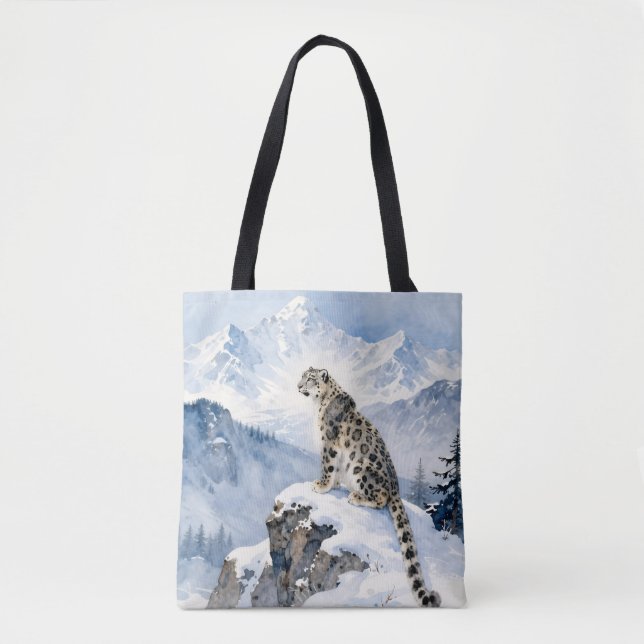 Tote Bag Un léopard des neiges sur un pic enneigé (Devant)