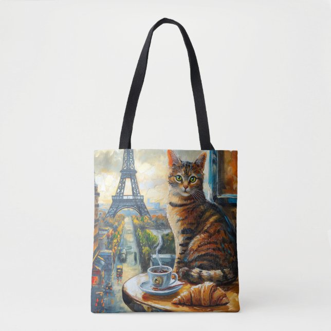 Tote Bag Un matin à Paris | Chat tigré dans un café (Devant)