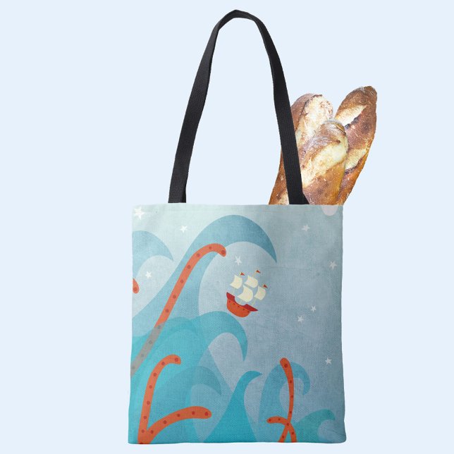 Tote Bag Un mauvais jour pour les marins Paysage marin naut (Sailing boat and sea monster fun tote bag)