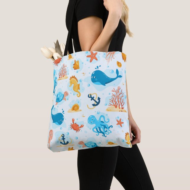 Tote Bag Un monde sous-marin mignon. Aquatique. Vie océaniq (De près)