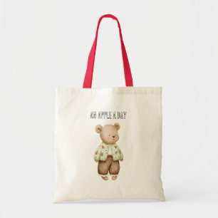 Tote Bag Un ours à manches vertes une pomme par jour