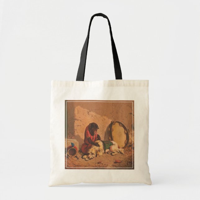 Tote Bag Un Singe Et Un Chien Avec Un Grand Tambourin (Devant)