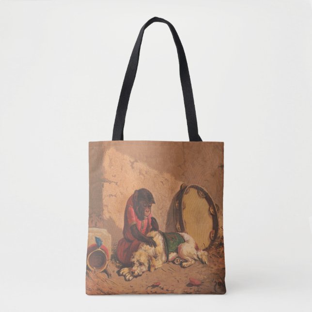 Tote Bag Un Singe Et Un Chien Avec Un Grand Tambourin (Devant)