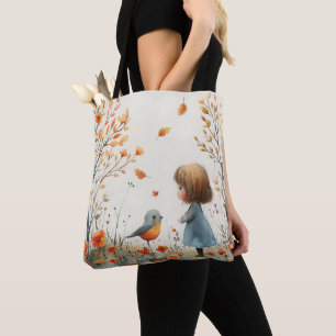Tote Bag Une Aquarelle Peinture De Petite Fille & Oiseau