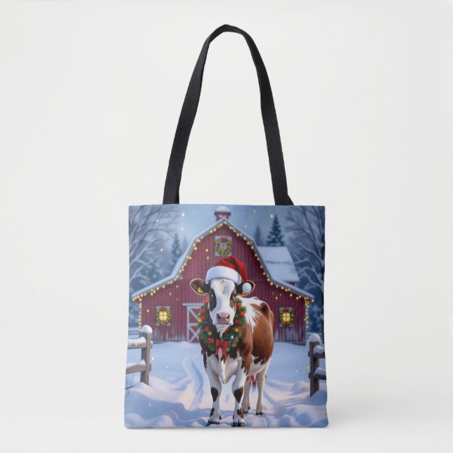 Tote Bag Une vache festive à Santa Hat Pays Noël (Devant)