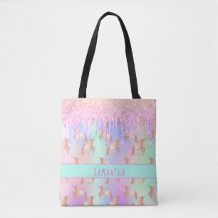 Tote Bag Unicorn motif rose nom fille holographique