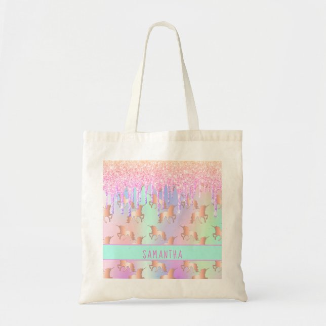 Tote Bag Unicorn parties scintillant goutte arc-en-ciel ros (Devant)