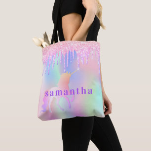 Tote Bag Unicorn parties scintillant goutte rose violet nom
