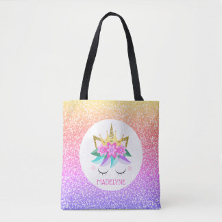 Tote Bag Unicorn Princess Rainbow Parties scintillant Nom p