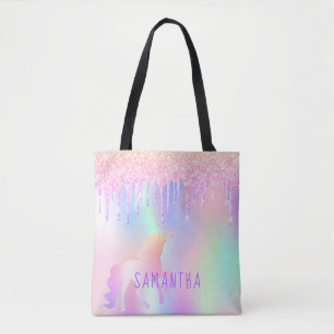 Tote Bag Unicorn rose violet nom holographique