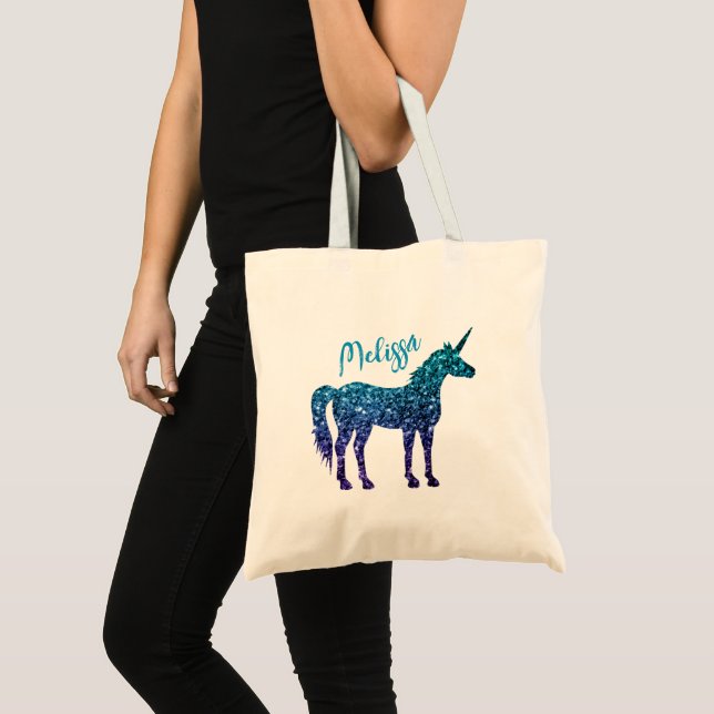 Tote Bag Unicorn Sparkles aqua blue ombre Votre nom (Devant (produit))