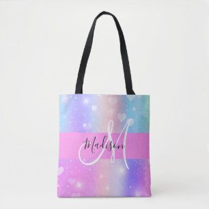 Tote Bag Unicorne colorée fille Coeurs arc-en-ciel Monogram
