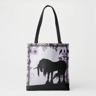 Tote Bag Unicorne mystique avec lignes (fleurs violettes et