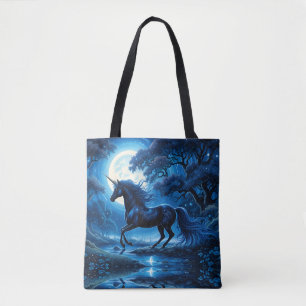 Tote Bag Unicorne noire dans la forêt dans la lumière de la