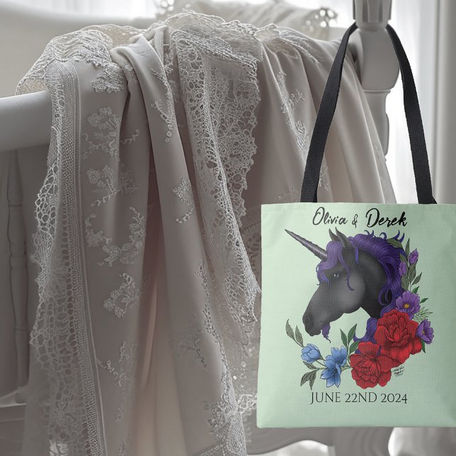 Tote Bag Unicorne noire violet Fleurs de Sage Rouge (Créateur téléchargé)