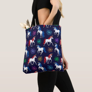 Tote Bag Unicornes Bleues Blancs Patriotique Américain