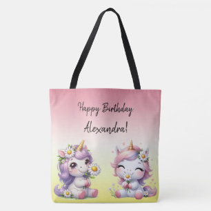 Tote Bag Unicornes et marguerites, "Joyeux anniversaire"