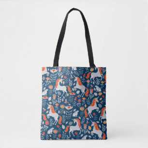 Tote Bag Unicornes, lapins, oiseaux, fleurs sur fond bleu