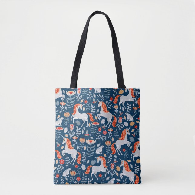 Tote Bag Unicornes, lapins, oiseaux, fleurs sur fond bleu (Devant)