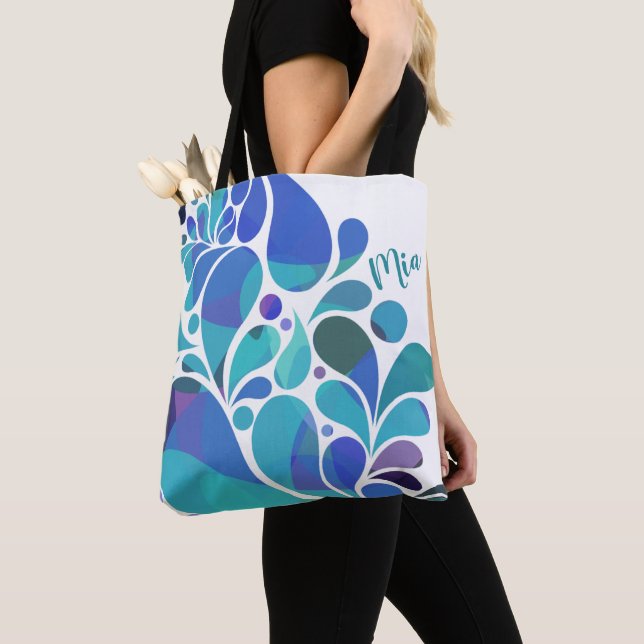 Tote Bag Unique Artsy Aqua Bleu, Motif d'aquarelle violet (De près)