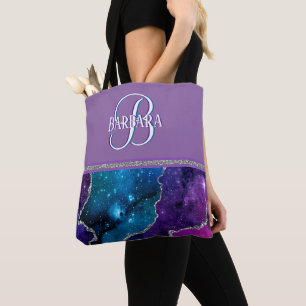 Tote Bag Unique Monogramme I Turquoise Agate violet Argent