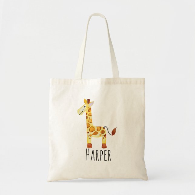 Tote Bag Unisex Watercolor Baby Giraffe Safari et nom (Devant)